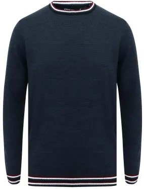 Alsace Crew Neck Jumper with Contrast Tipping In Dark Denim Marl - Kensington Eastside