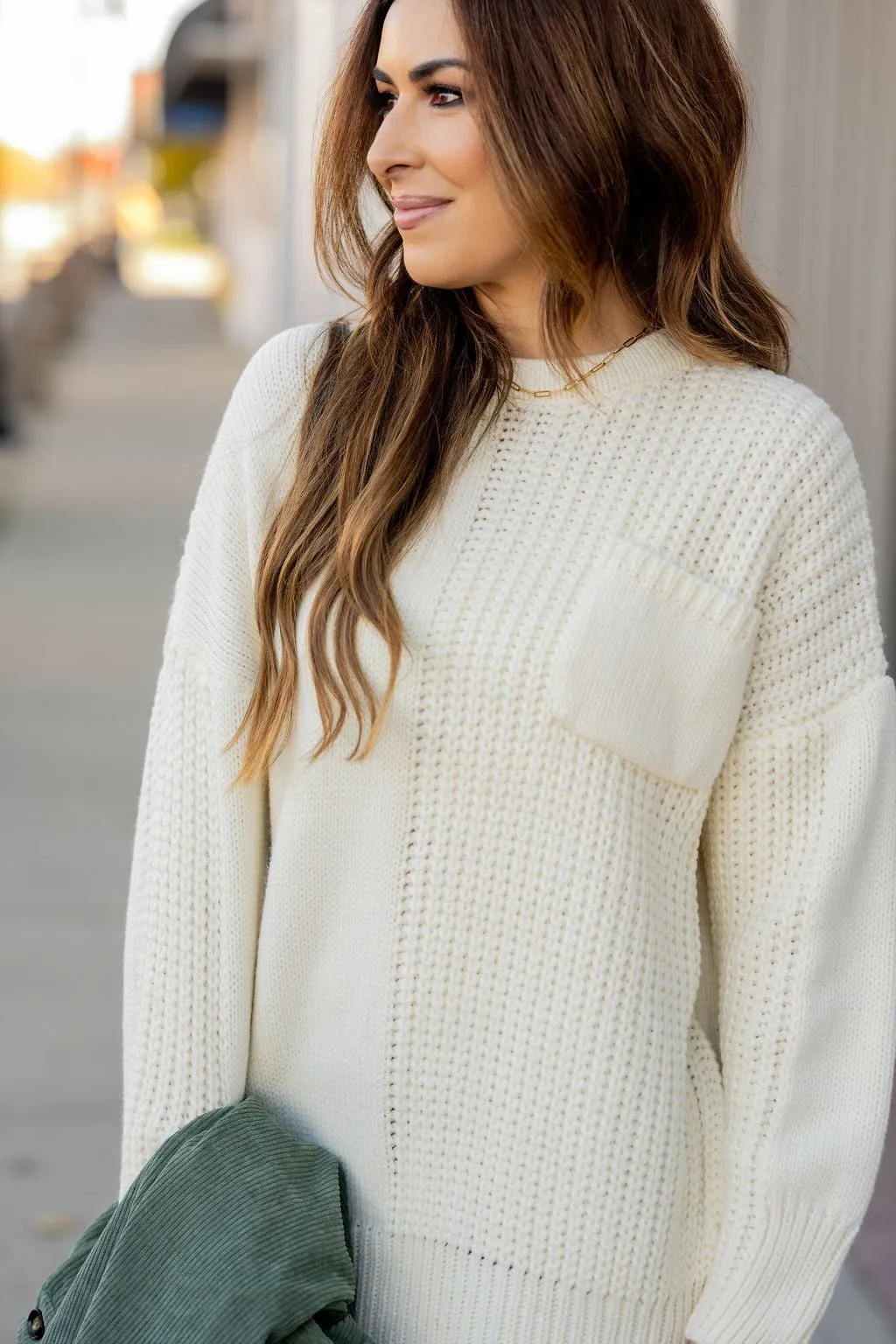 Contrasting Knit Pocket Sweater