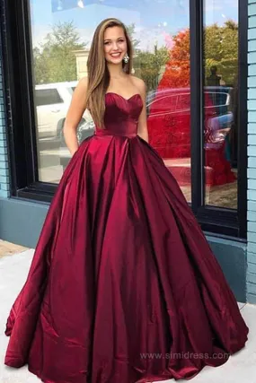 Dark Red Satin Ball Gown Floor Length Sweetheart Long Prom Dresses with Pockets, SP581