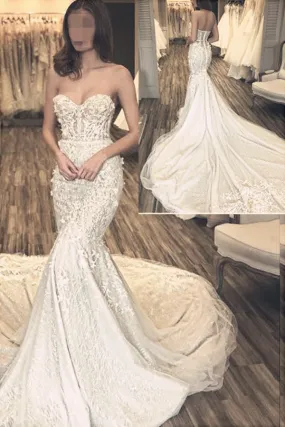 Fabulous Lace Sweetheart Mermaid Wedding Dresses with Long Sweep Train, SW148