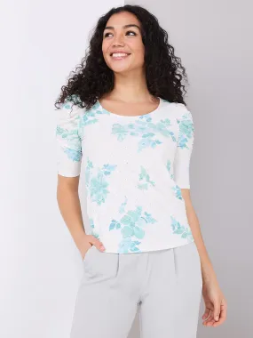 Floral Print Eyelet Top With Ruched Sleeves