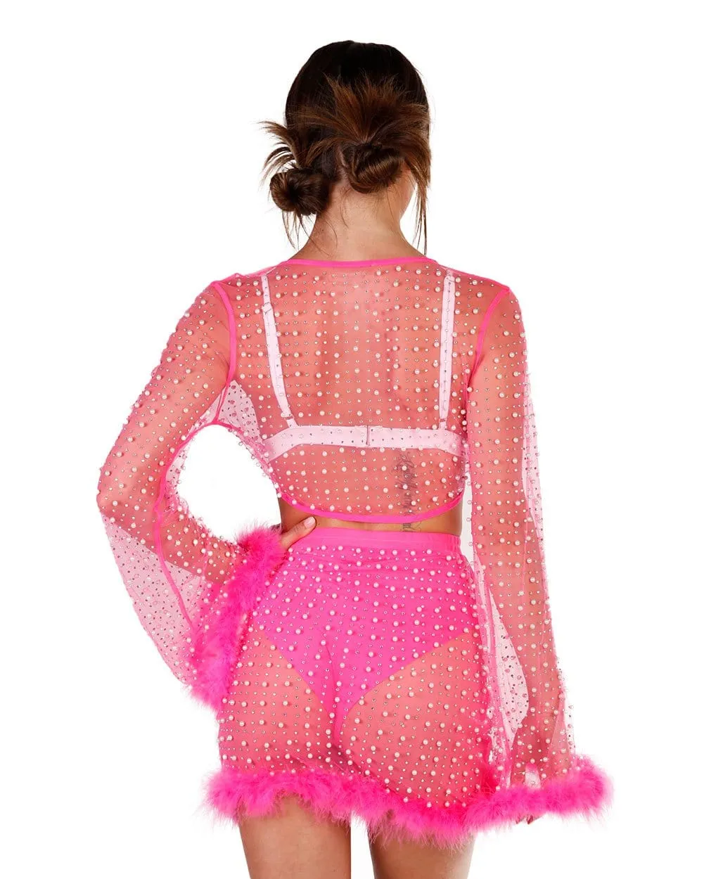 Glamour Girl Pearl Studded Marabou Skirt Set - Neon Pink