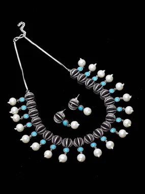 Oxidized Silver-Plated & Blue Artificial Stone-Studded Handcrafted Jewellery Set