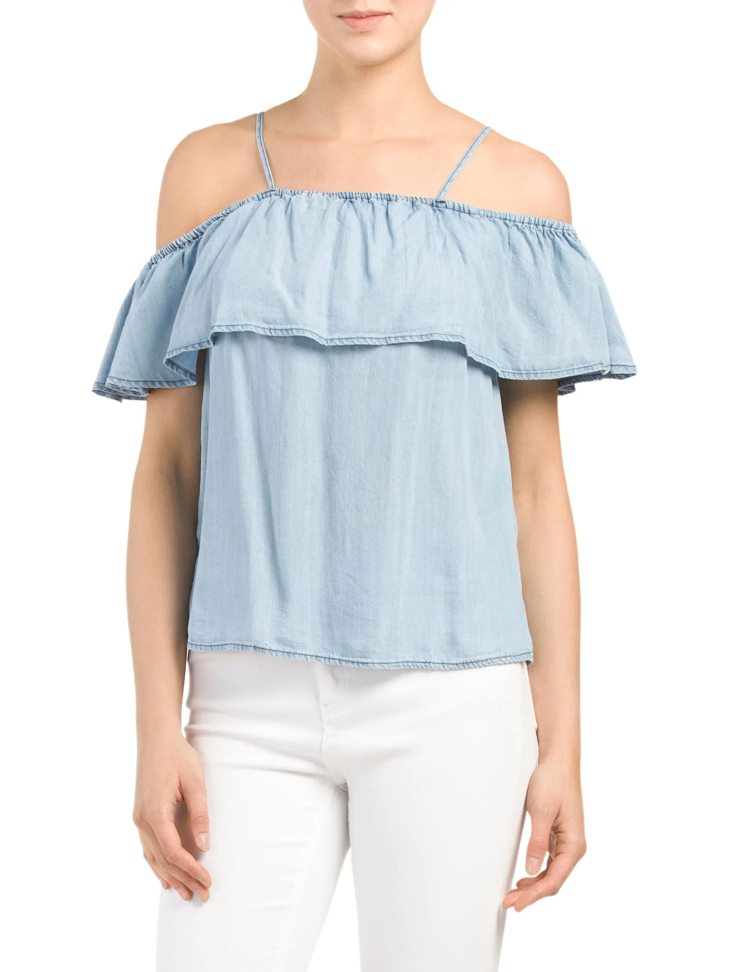 PAPERCRANE Juniors Cold Shoulder Chambray Top