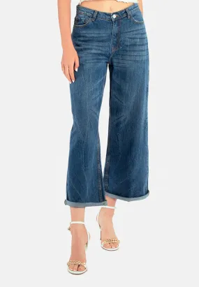 Washed Denim Wide Leg Jeans Pants